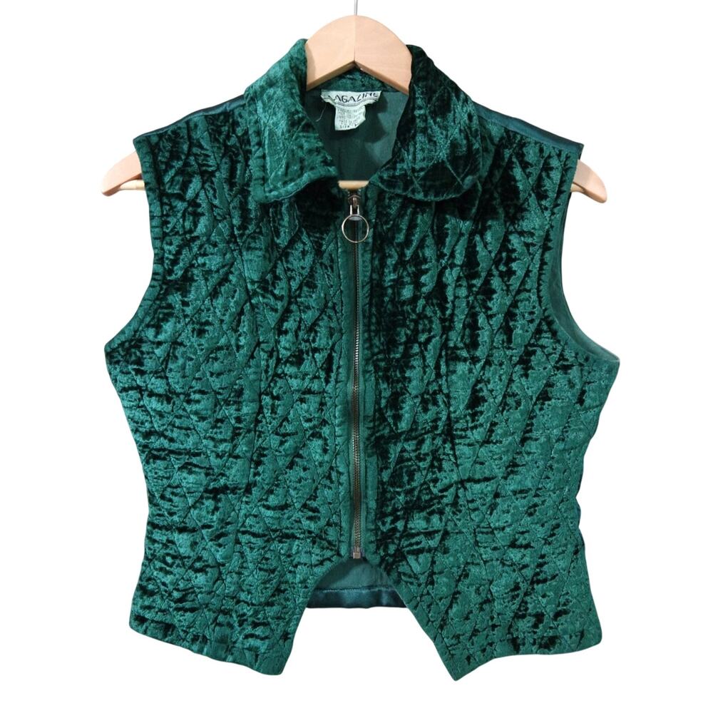 Vintage 90s Magazine Green Quilted Velvet Zip Up Vest Womens M Whimsygoth Boho